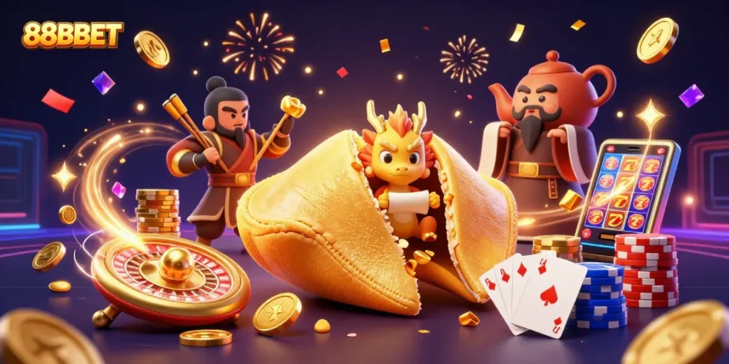 Engage with the vibrant 88BBET casino scene featuring golden fortune cookies and sparkling treasures.