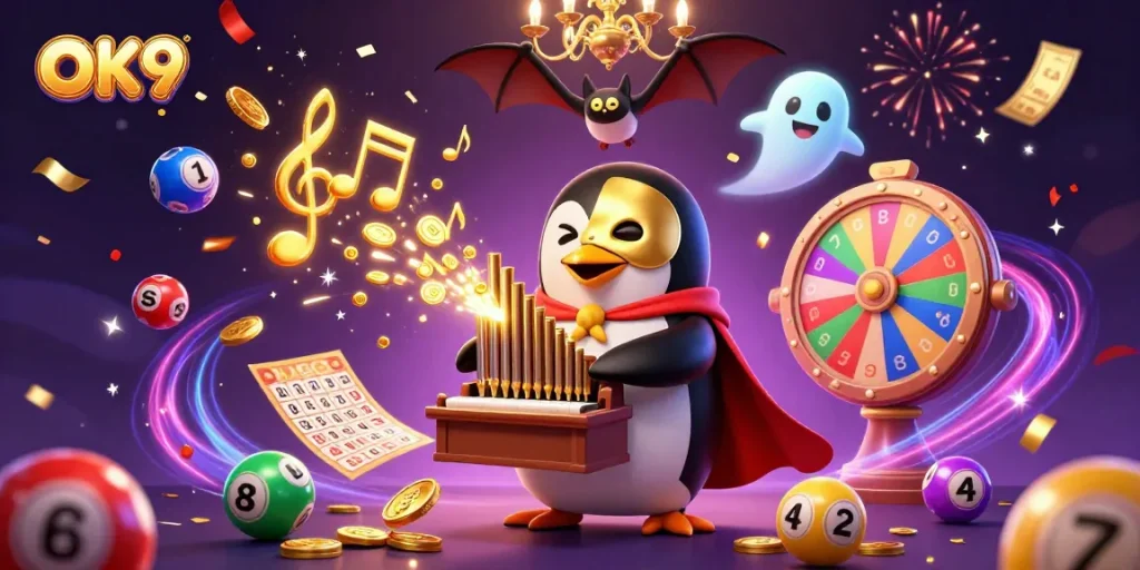 Experience OK9 with the phantom penguin in a dynamic casino scene full of vibrant games and prizes.
