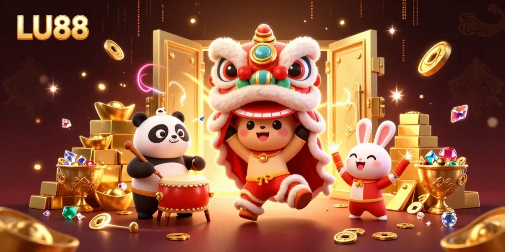 LU88 showcases vibrant gaming energy with characters dancing, gold treasures, and festive decorations.