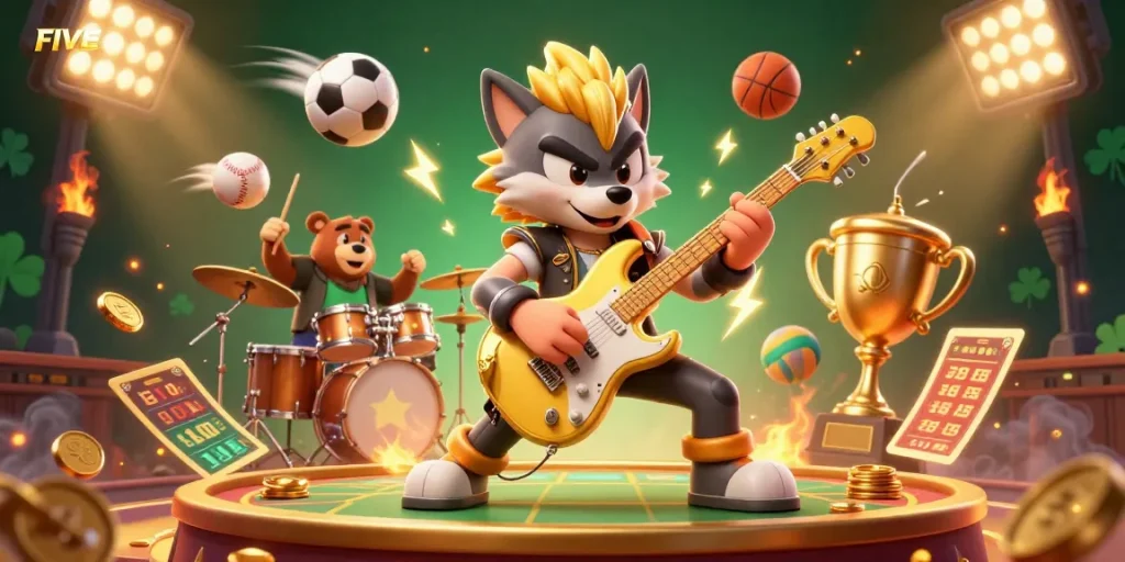 Catch the excitement at FIVE88 with dynamic casino action, featuring a rock star wolf and a drummer bear.