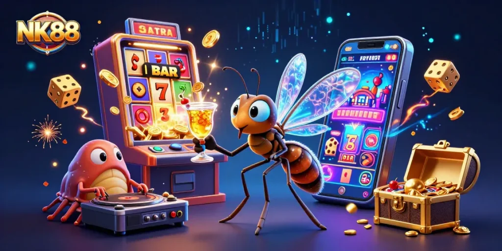 Experience the excitement of NK88 with a lively casino scene featuring unique characters and vibrant elements.