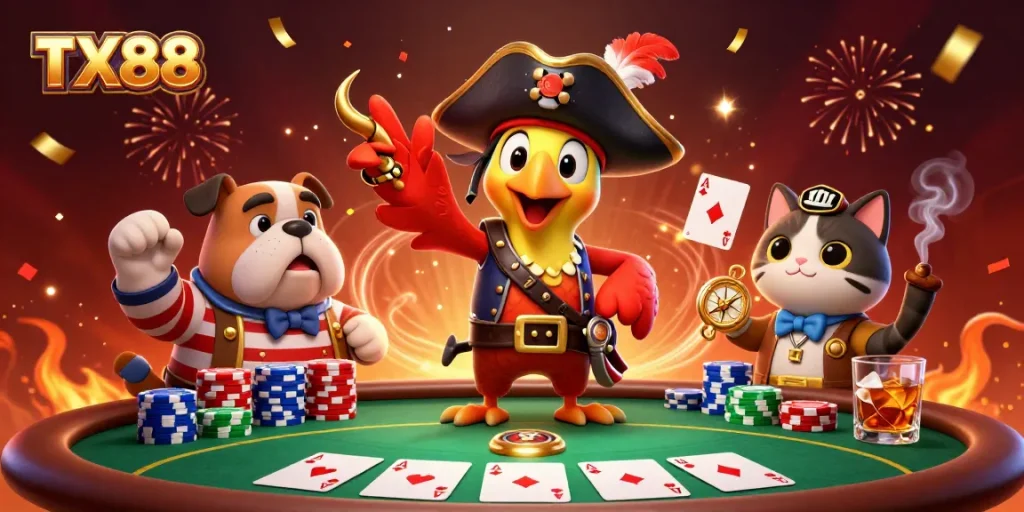 Experience thrilling gameplay as TX88 pirates play poker amid a festive casino backdrop.
