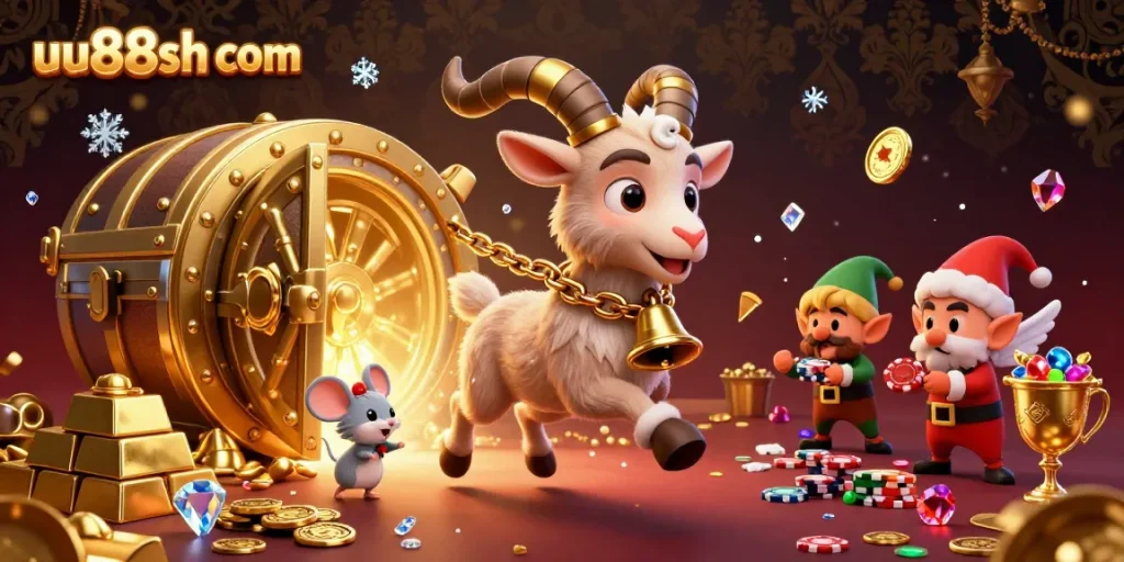 Experience the excitement of uu88sh com with a festive casino scene featuring Krampus and mischievous elves.