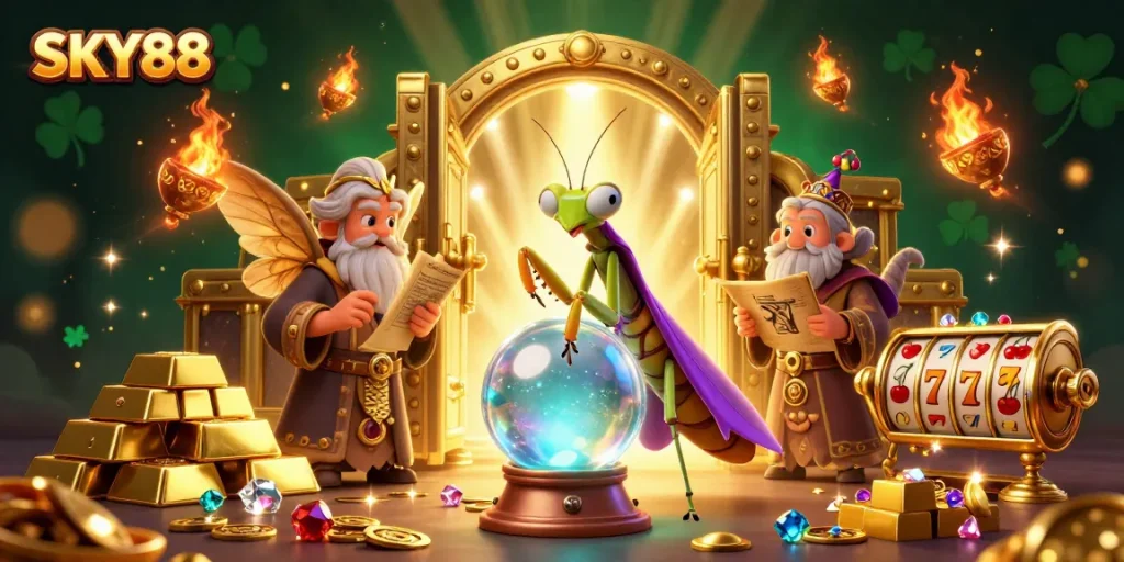 Experience the thrill of SKY88 with a mystical fortune teller scene, vibrant casino elements scattered.