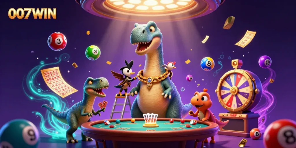Win big with 007WIN in a vibrant casino scene featuring a brontosaurus dealer and colorful lottery elements.