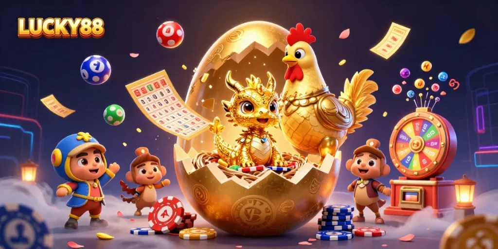 Spin and win with LUCKY88, featuring a golden dragon, poker chips, and vibrant game elements.