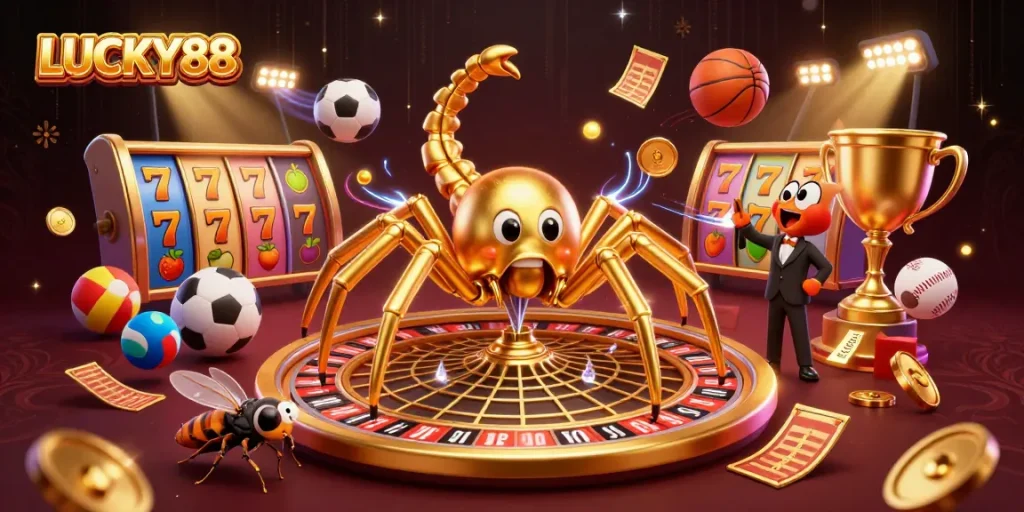 Engage with LUCKY88's thrilling gameplay as a spider spins a gold roulette web with vibrant casino elements.