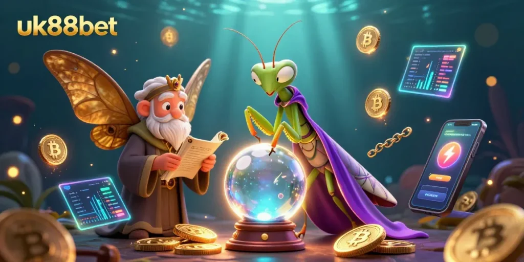 Engage with the captivating world of uk88bet, where a mystical fortune teller reveals crypto trends amidst a vibrant casino backdrop.