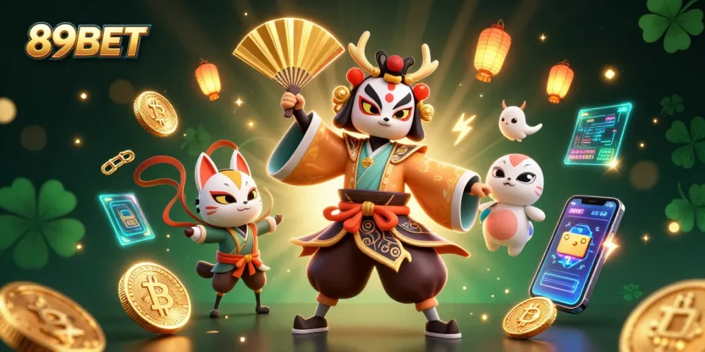 Engage with exciting games at 89BET, featuring a vibrant casino illustration with unique characters and digital assets.