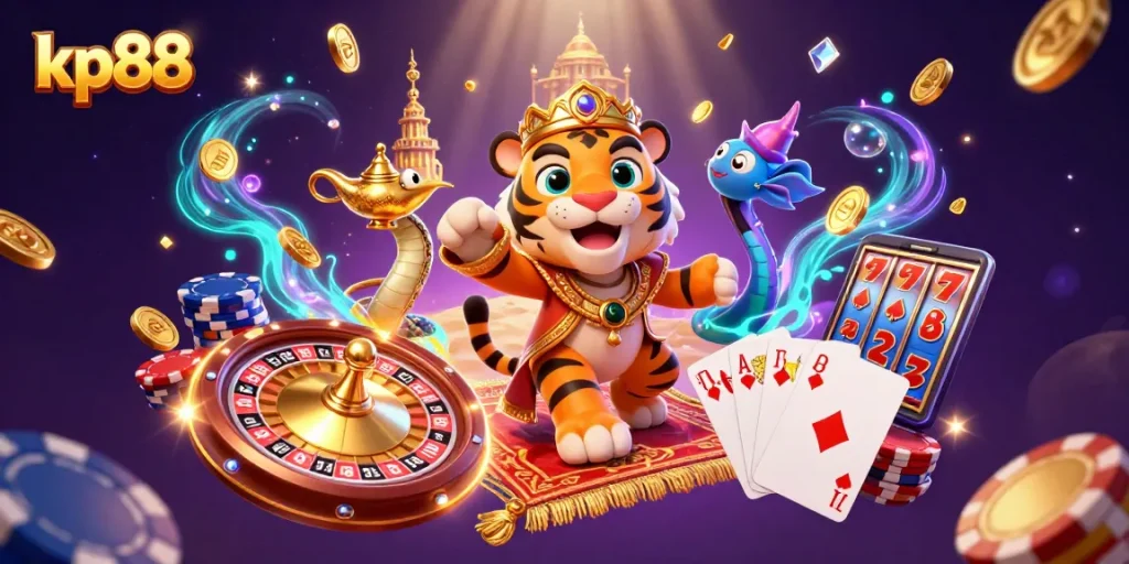 Experience thrilling wins at kp88 with this vibrant casino scene featuring captivating characters and games.