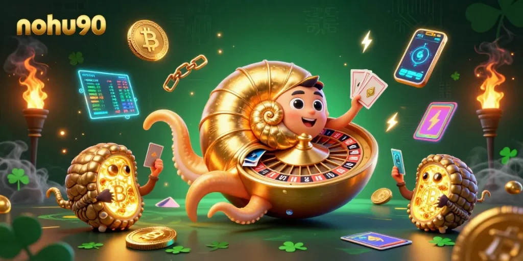 Experience exciting gameplay with nohu90, featuring a giant nautilus roulette wheel and glowing Bitcoin coins.