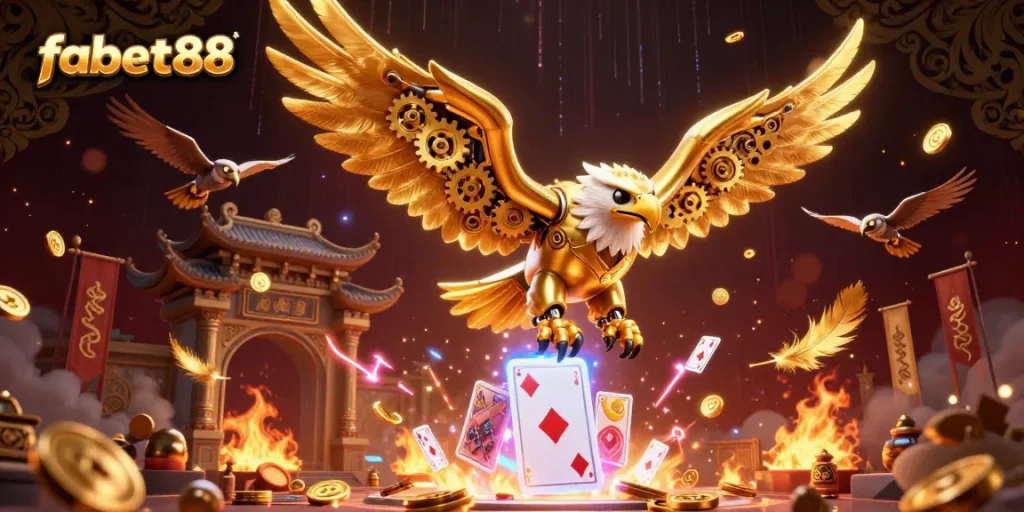 Experience thrilling gameplay with fabet88, featuring a powerful eagle diving through a cascade of holographic cards.