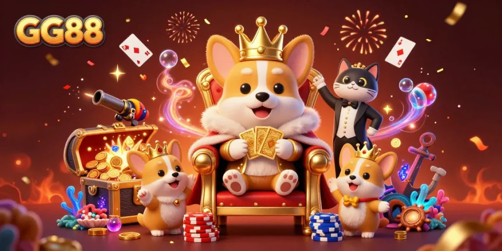 Experience the excitement of GG88 with a royal corgi in a vibrant casino scene filled with treasures and gaming elements.