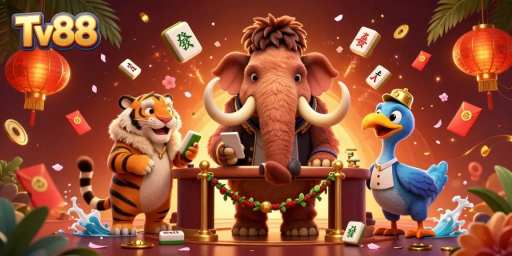 Experience thrilling gaming at Tv88 with 3D characters and vibrant casino elements.