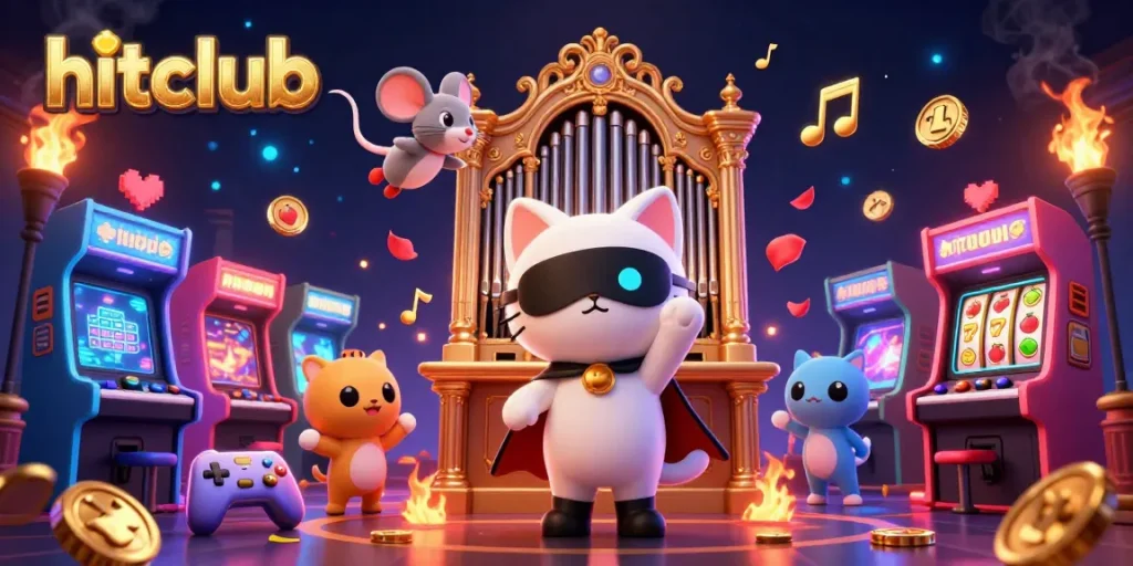Engage with hitclub's thrilling 3D casino scene featuring vibrant gaming elements and interactive characters.
