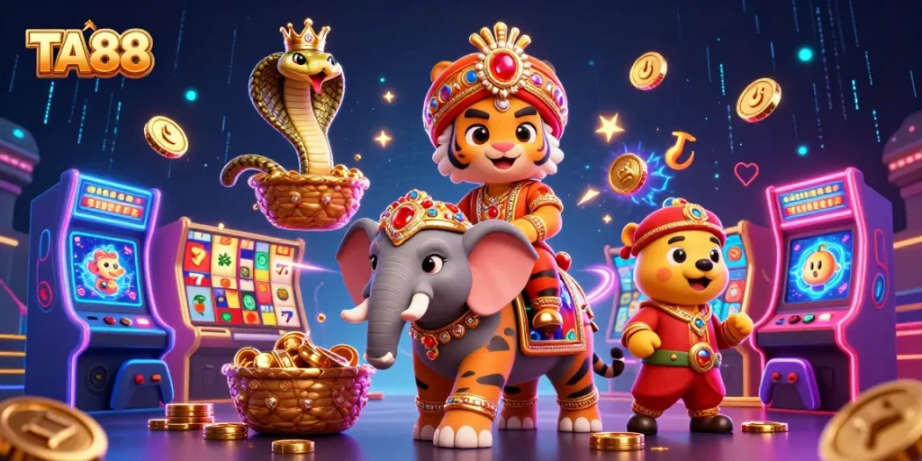 Engage with the exciting TA88 casino scene featuring vibrant slot reels and dynamic 3D characters.