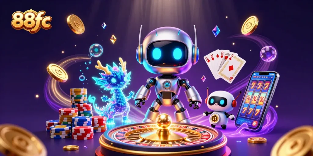 Join the gaming excitement at 88fc with vibrant 3D casino action featuring a cyberpunk robot and gem-filled atmosphere.