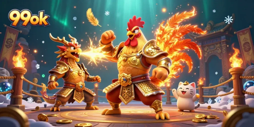 Experience thrilling gameplay with 99ok's powerful rooster warrior and dragon hatchling in this action-packed casino illustration.