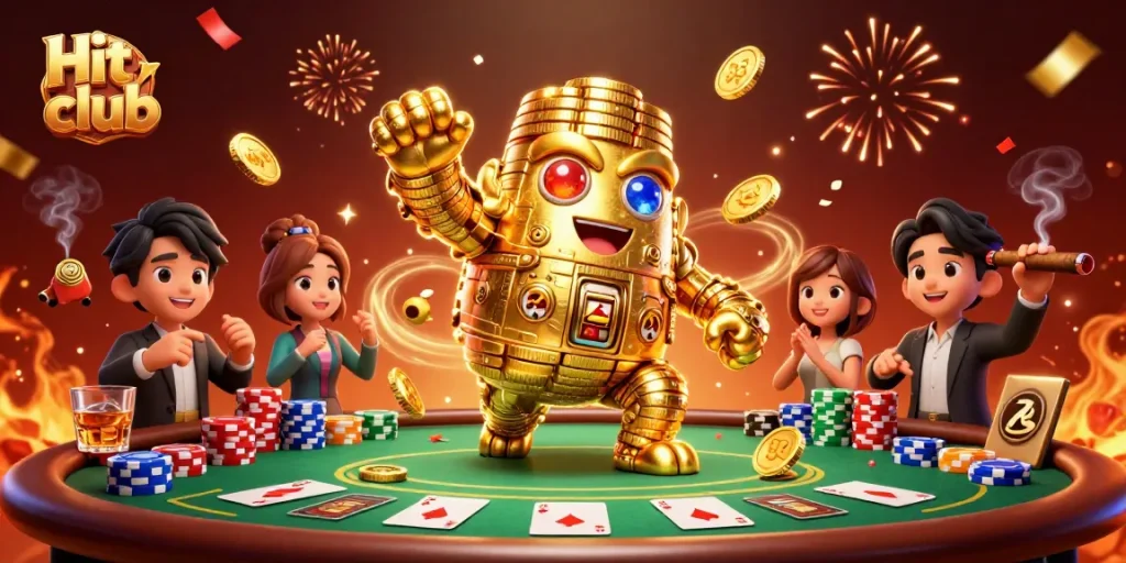 Engage with Hit club's vibrant gaming atmosphere featuring a golden golem amidst poker elements.
