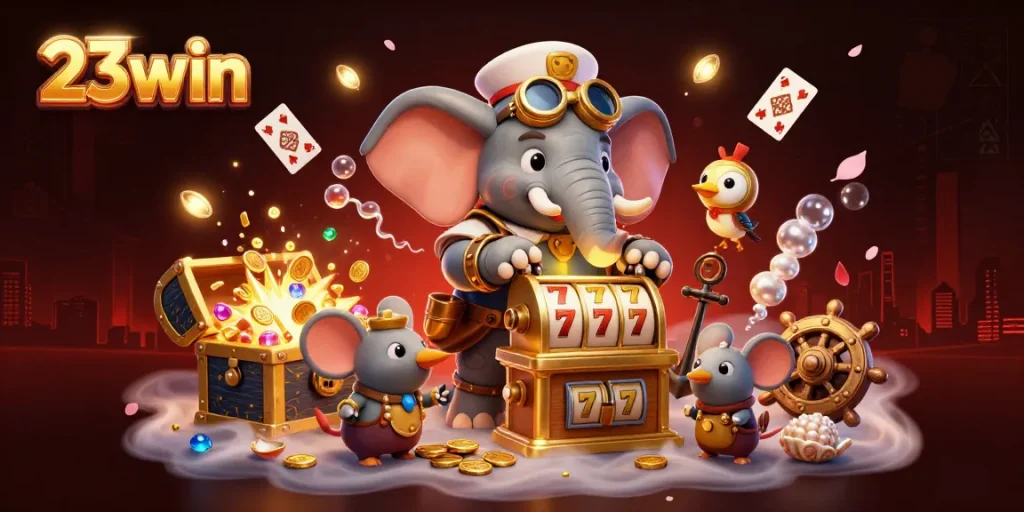 Experience the thrill of 23win with a steampunk elephant operating a dynamic slot machine explosion filled with gems.