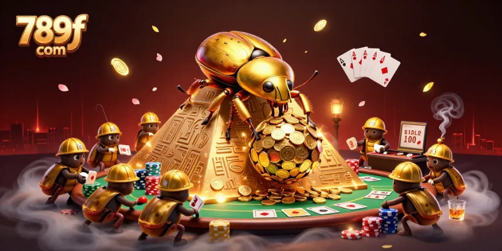 Experience thrilling gameplay at 789f com with a golden beetle rolling coins and card games.