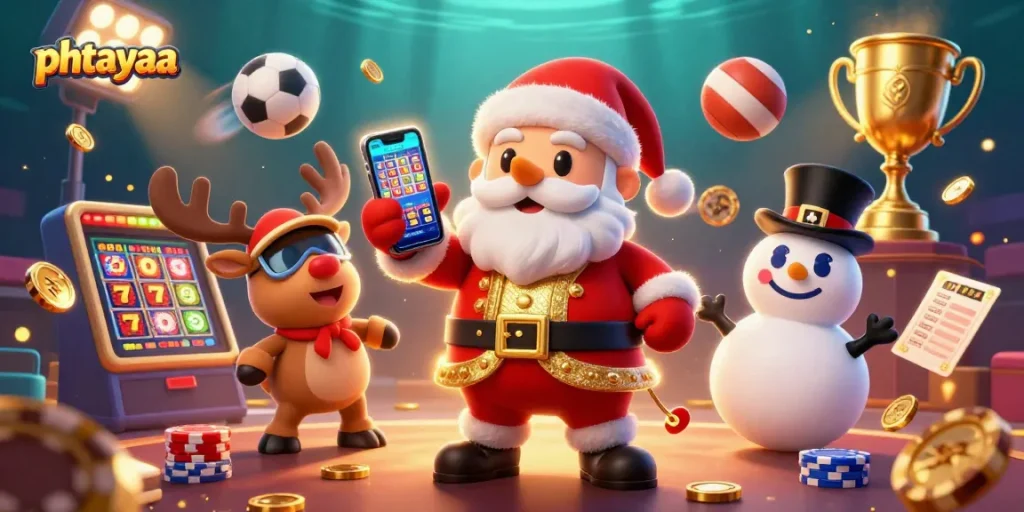 Win big at phtayaa with a vibrant 3D casino illustration showcasing Santa, a reindeer dealer, and a poker chip snowman.