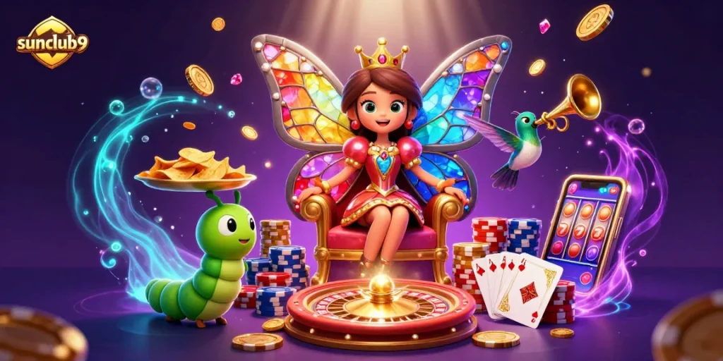 Engage with thrilling games at sunclub9, a vibrant casino illustration featuring dynamic elements.
