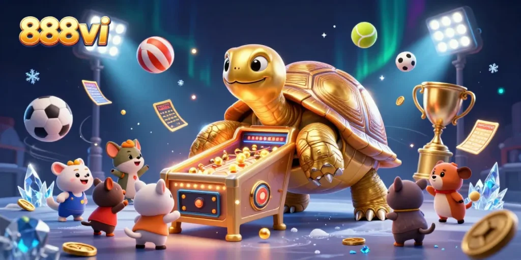 Engage with 888vi's exciting pinball-inspired game featuring golden tortoise and dynamic sports elements.