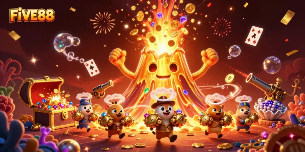 Spin to win at FIVE88 with vibrant treasures flowing from a lively erupting volcano.