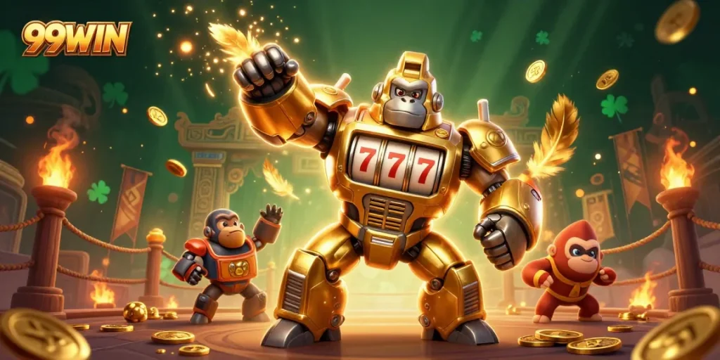 Experience thrilling action and excitement at 99WIN with a dynamic casino scene featuring a golden gorilla mech.