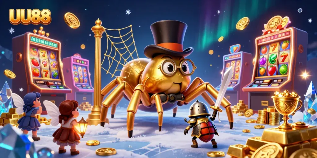 Experience thrilling wins at UU88 with vibrant slot reels and dazzling treasure in an engaging casino illustration.