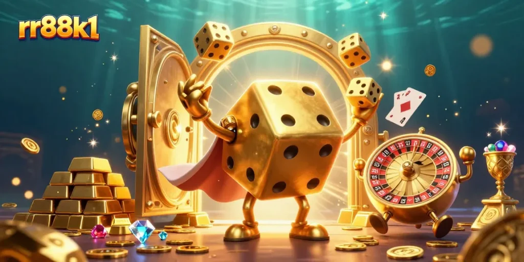 Witness the excitement at rr88k1 with a vibrant 3D casino scene showcasing golden dice and treasure.
