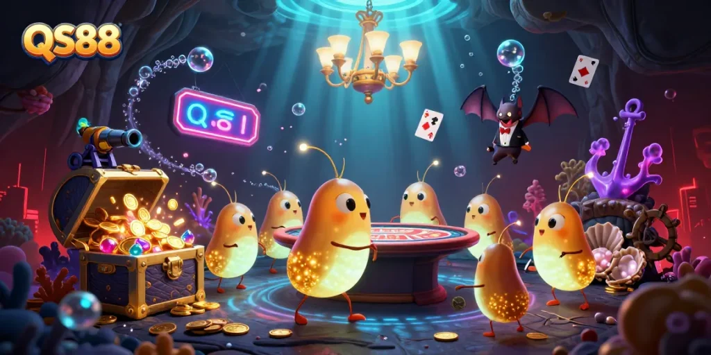 Experience the vibrant QS88 casino scene with glowworms and a bat dealer amidst treasures.