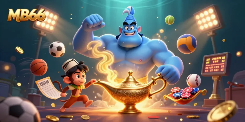 Experience thrilling gaming at MB66 with a vibrant casino-themed illustration featuring a blue genie and more.
