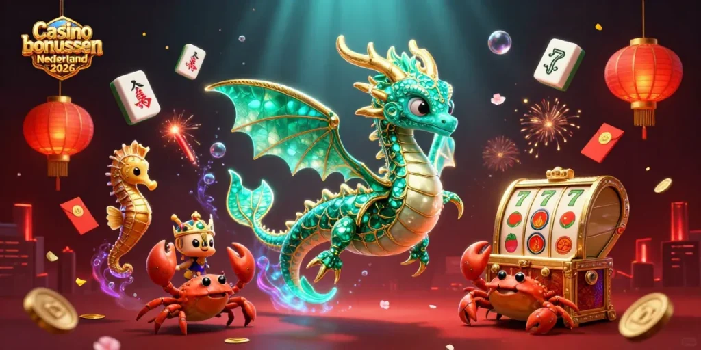 Verken Casino bonussen Nederland 2026 met deze levendige 3D-illustratie vol casinoveiligheid en spellen.