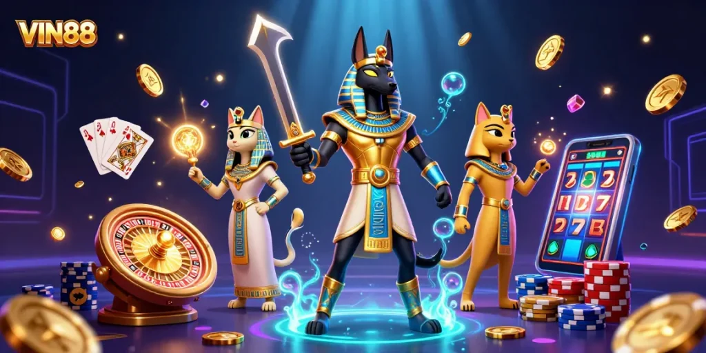 Win big with VIN88 in this vibrant casino scene featuring dynamic elements of slots and roulette.