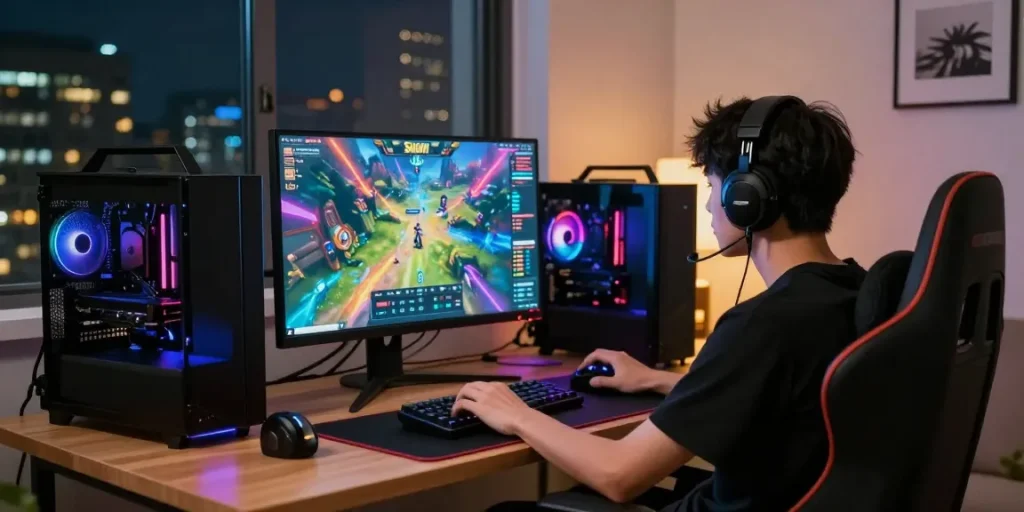 Player enjoying Sun win in a vibrant home gaming setup, showcasing excitement and advanced gaming gear.