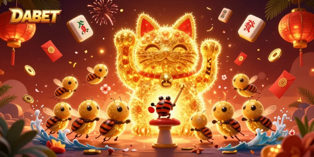 DABET offers a vibrant 3D casino experience with a lucky cat and golden gaming elements.