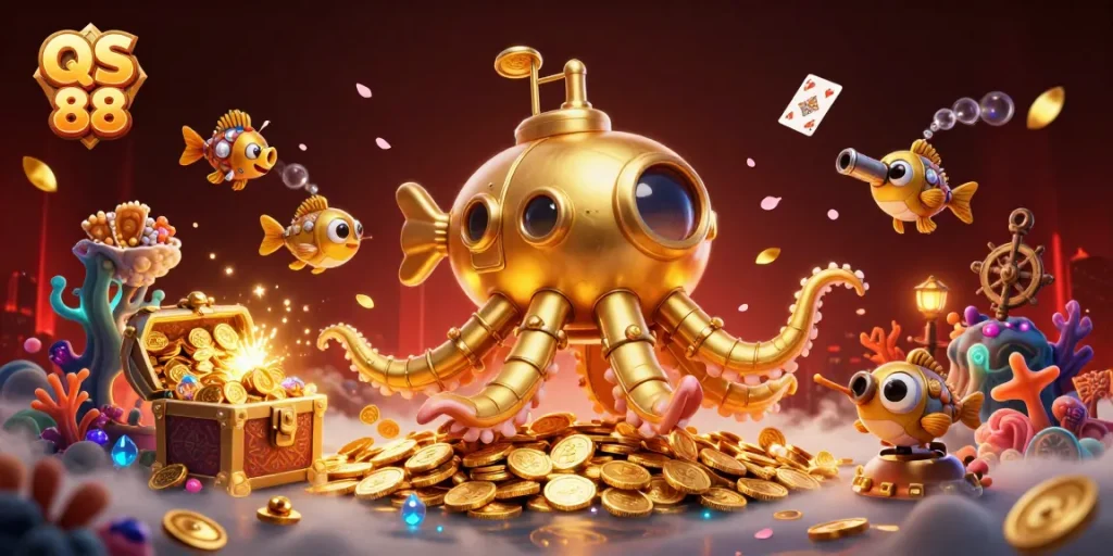 Engage with QS 88's thrilling world featuring a golden kraken submarining through a sea of riches.
