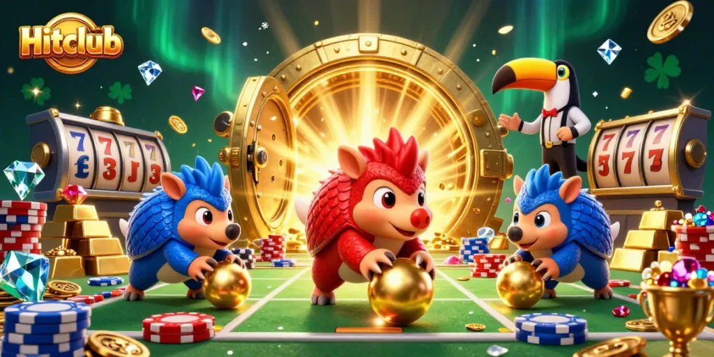 Hitclub pangolins compete in a casino-themed showdown surrounded by poker chips and slot reels.