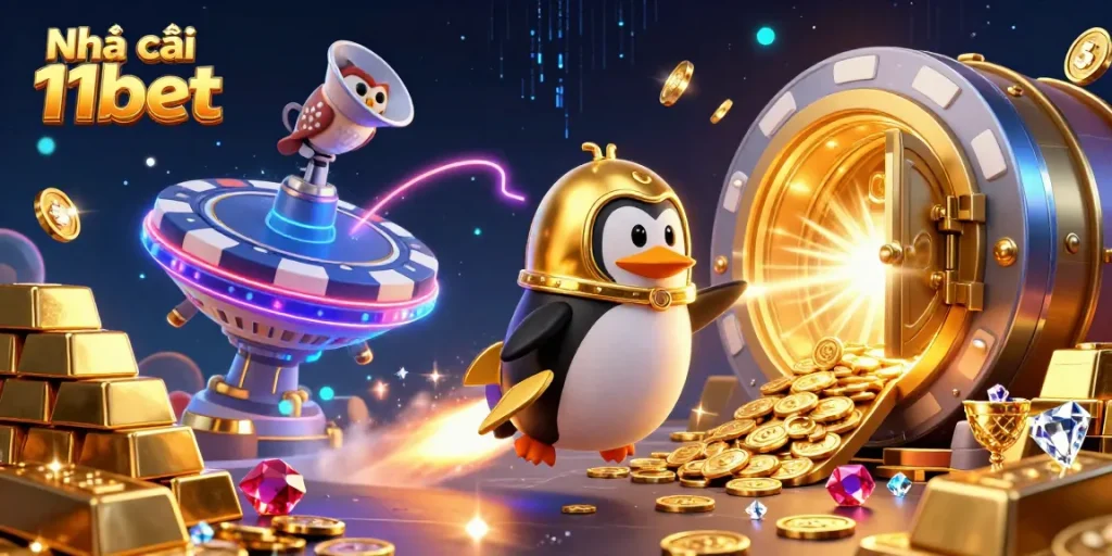 Experience the excitement at Nhà cái 11bet with vibrant, gold-themed casino elements and a dynamic penguin spacecraft.