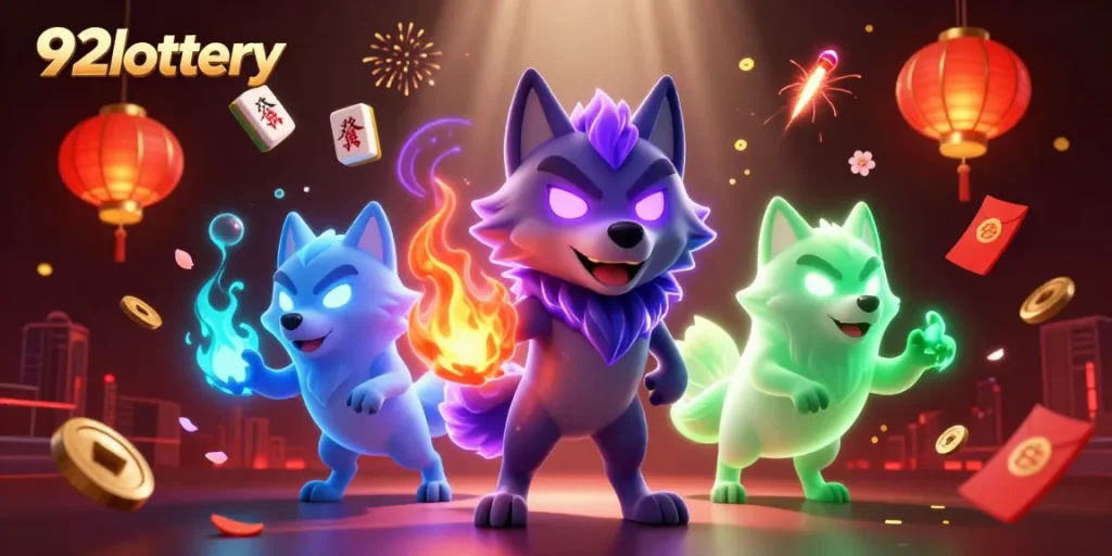 Engage with the 92lottery experience featuring vibrant 3D wolves amidst festive casino elements.