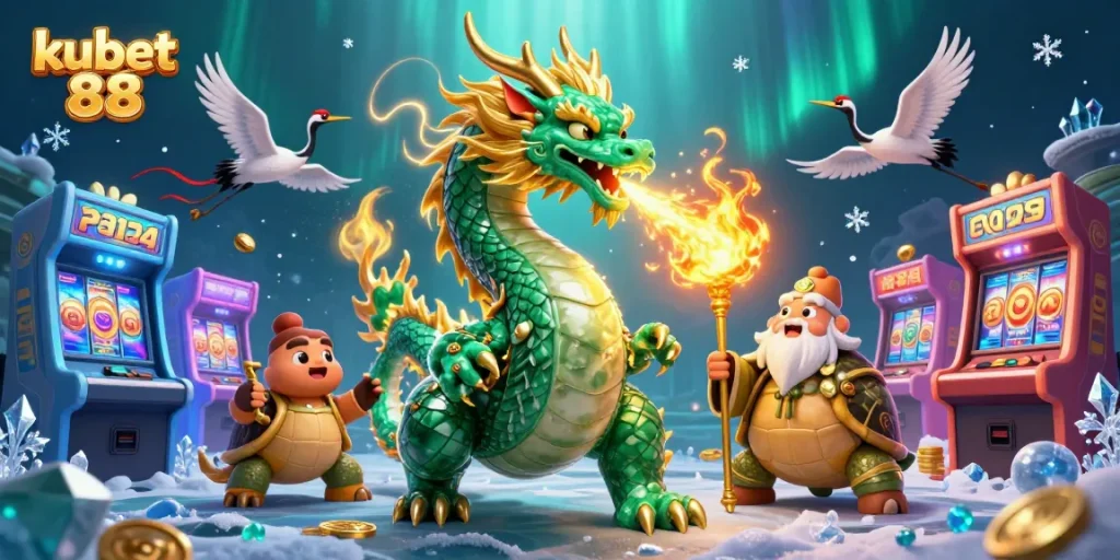 Experience thrilling moments at kubet 88, featuring a vibrant 3D illustration of a jade dragon, turtle sage, and lucky cranes surrounded by game elements.