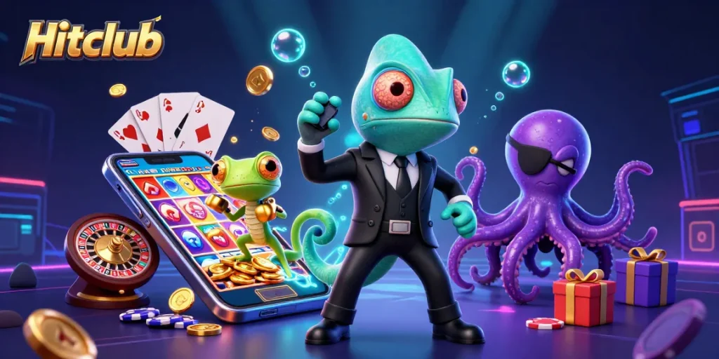 Hitclub showcases vibrant slot games with dynamic characters in an exciting casino scene.