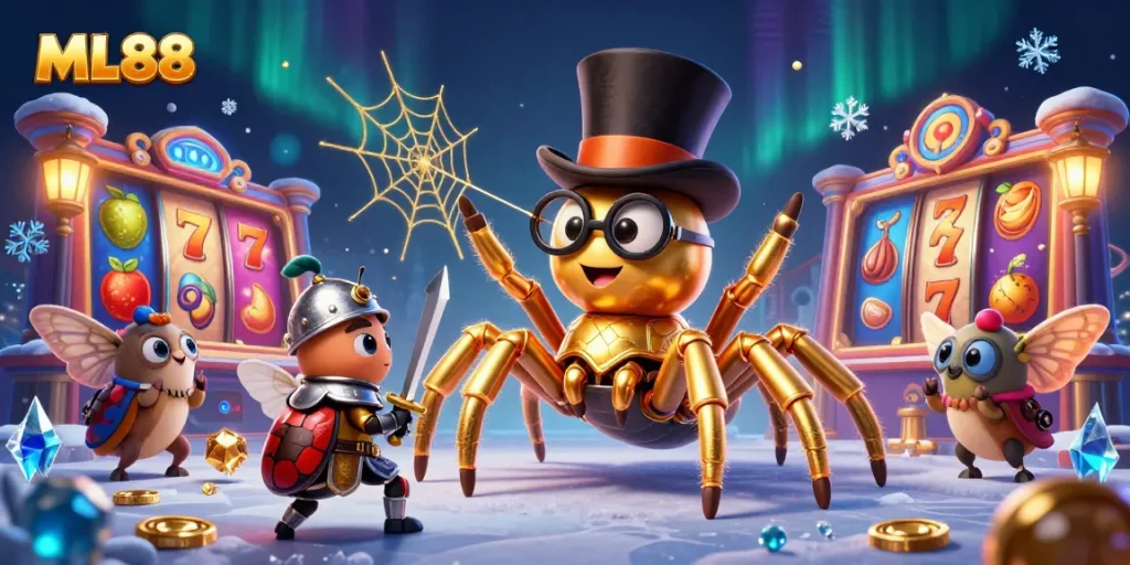 Spin the reels with ML88's vibrant golden tarantula, beetle knight, and exciting casino elements.