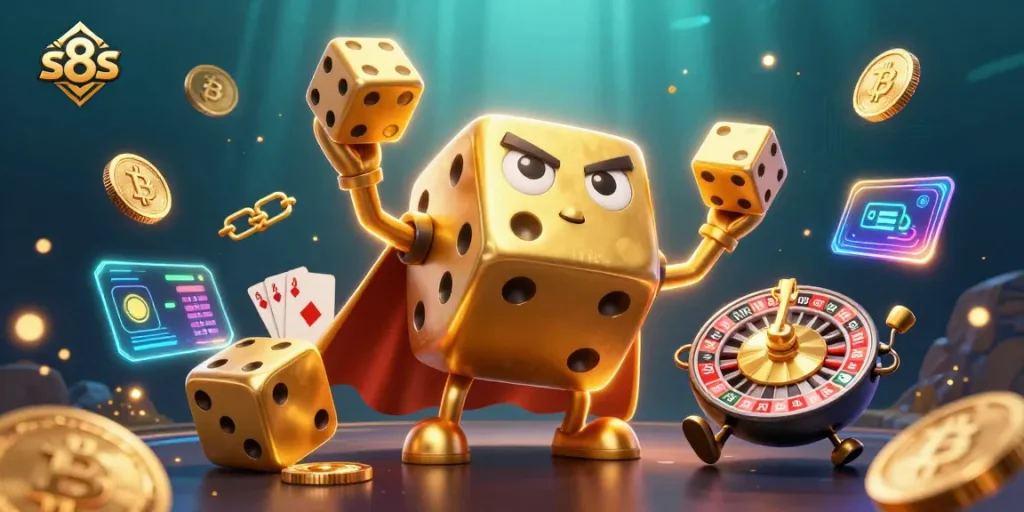 Experience thrilling games and dice action at s8s with our dynamic golden dice golem illustration.