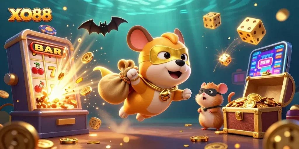 Engage with XO88's thrilling adventure as a superhero dog collects gold coins in a vibrant casino scene.