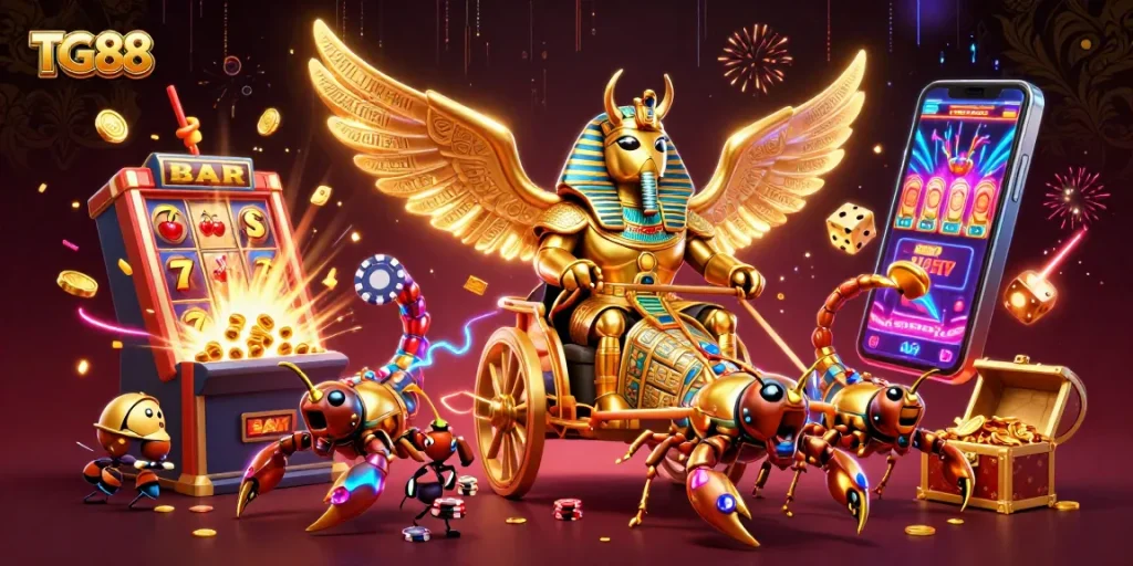 Experience the excitement of TG88 with a golden scarab and casino elements bursting with action.
