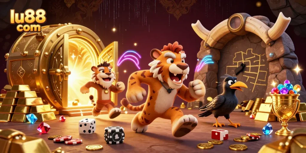 Experience the thrill at lu88 com with vibrant casino characters amidst gold and treasure.