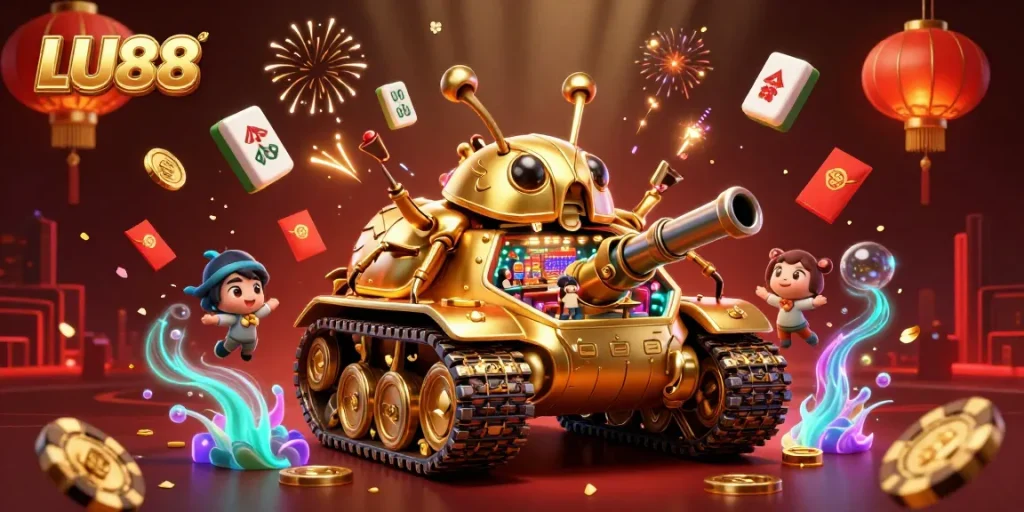 LU88 interactive casino experience with a vibrant 3D cartoon tank revealing a miniature casino.